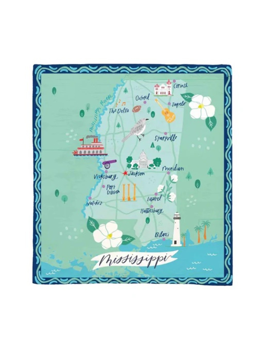 Mary Square Mississippi Map Cotton Tea Towel - Aqua and Navy
